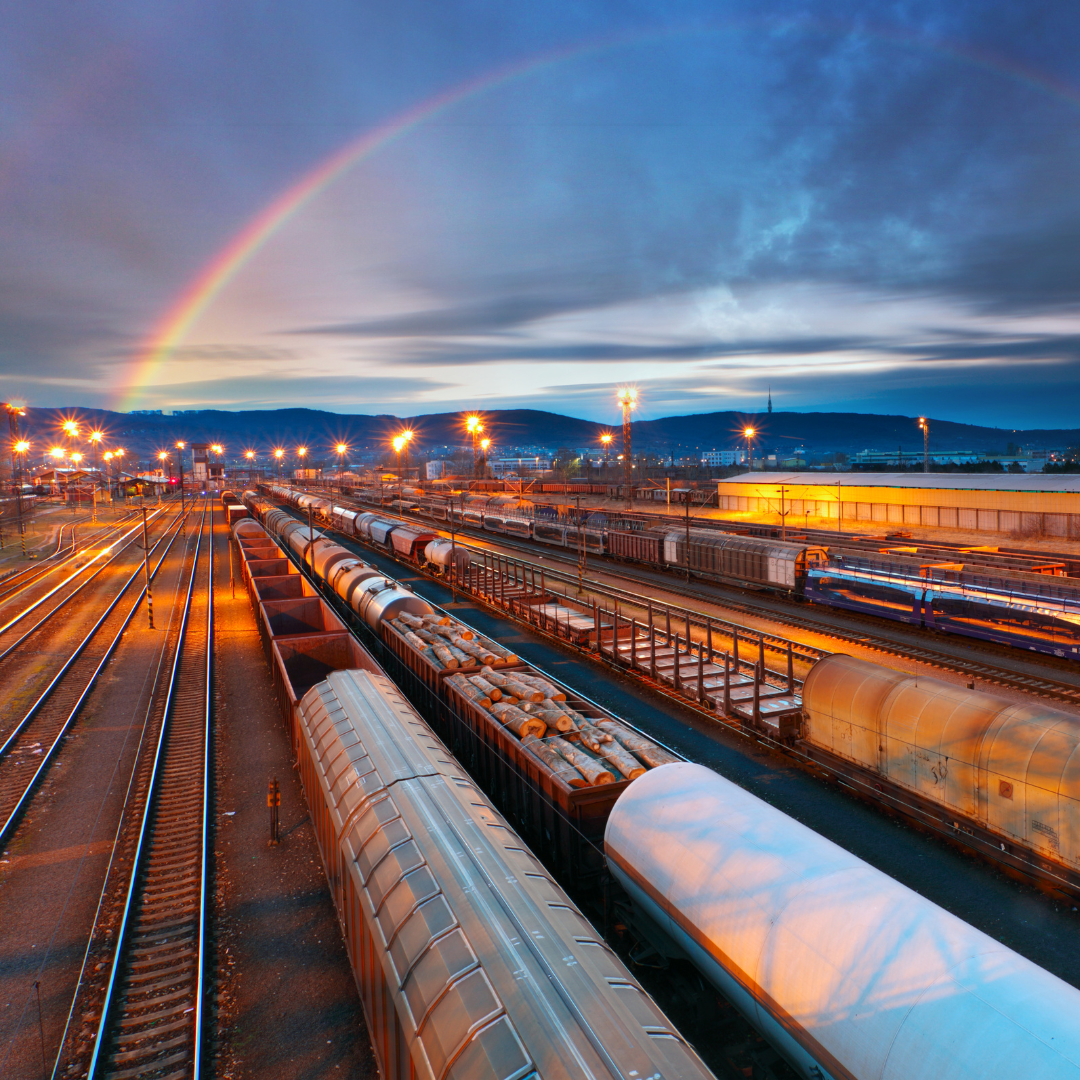 rainbow over a rail yard with freight trains