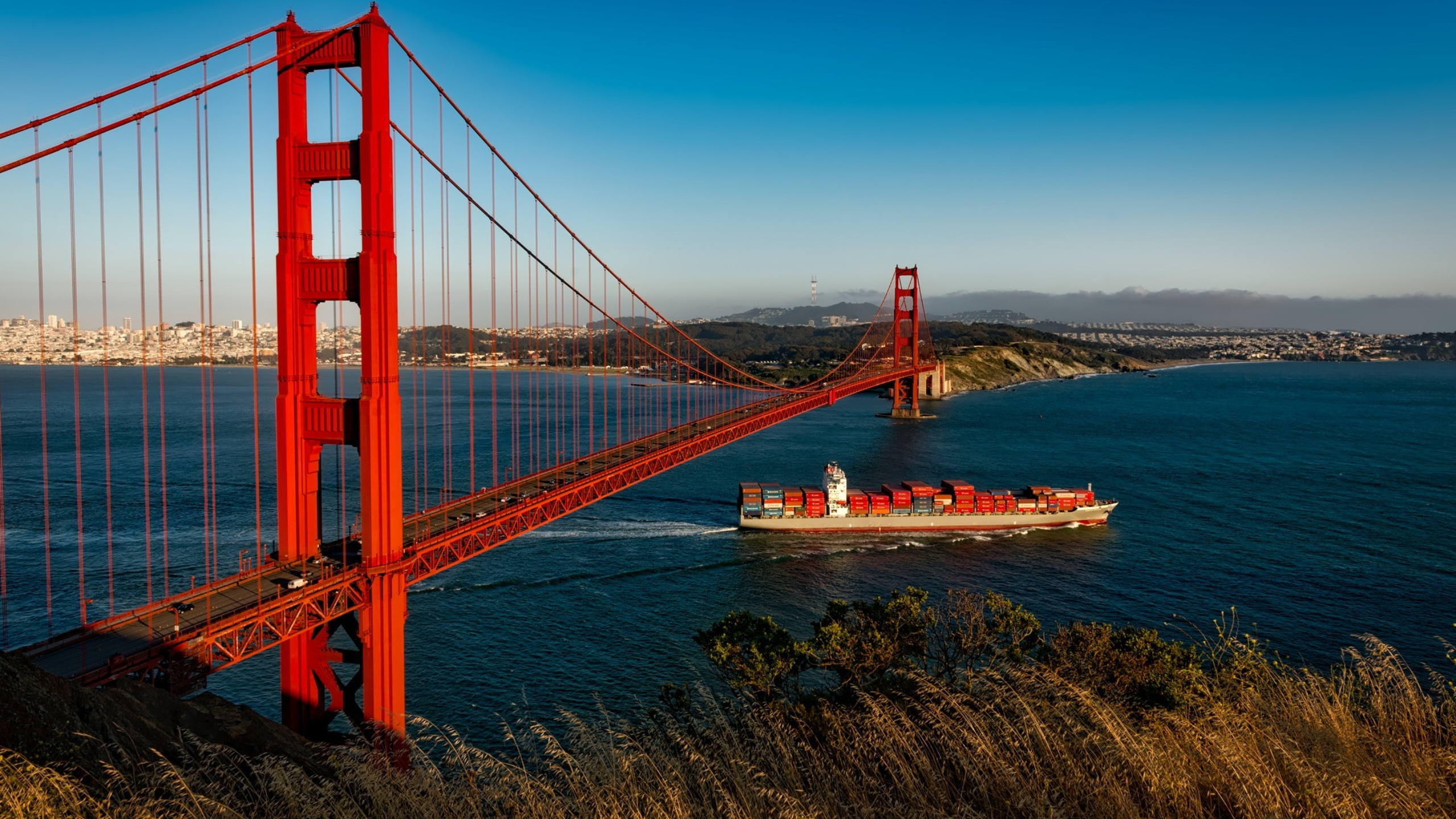 Container ship passes under the Golden Gate bridge in San Francisco