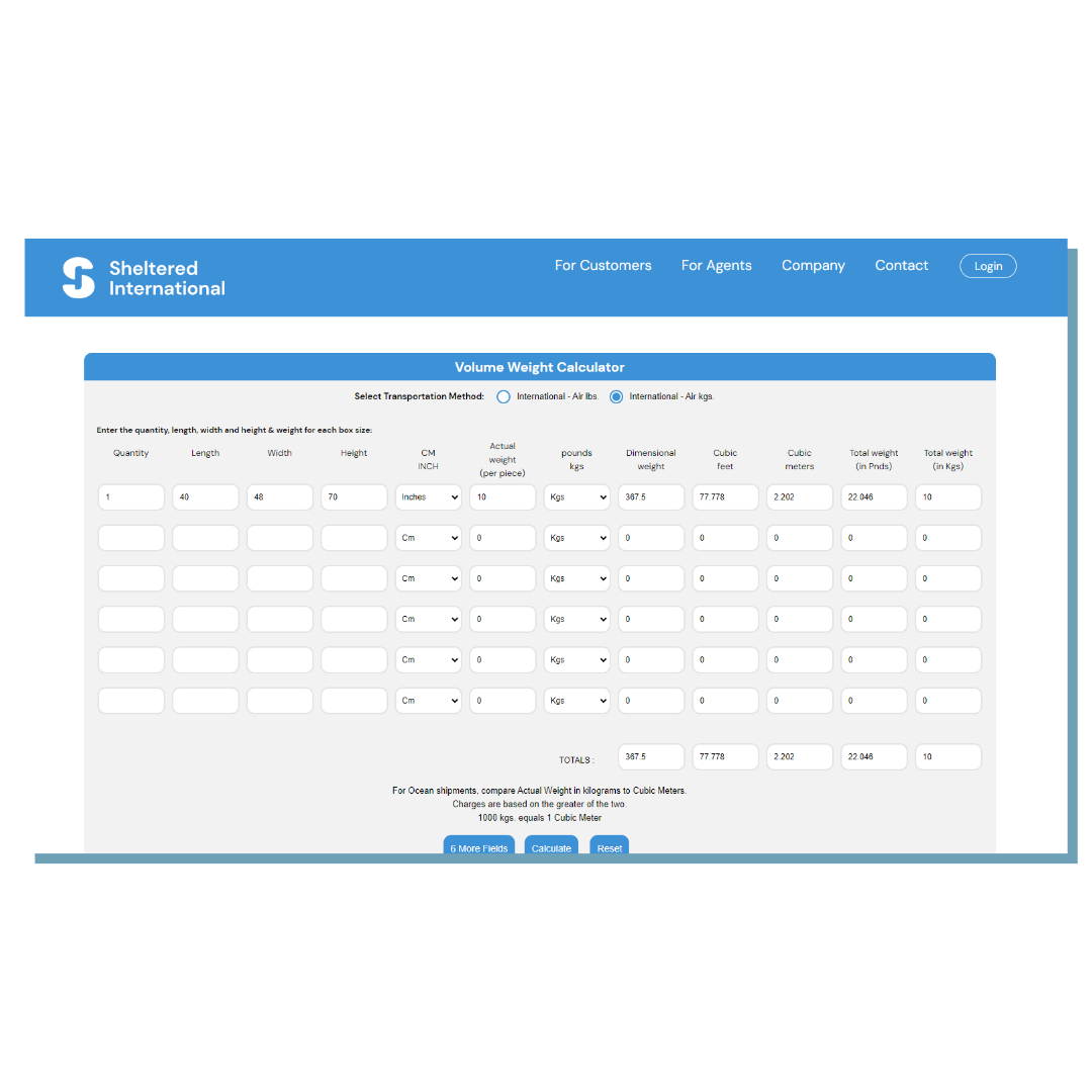 A screenshot of the Sheltered International Volume Weight Calculator